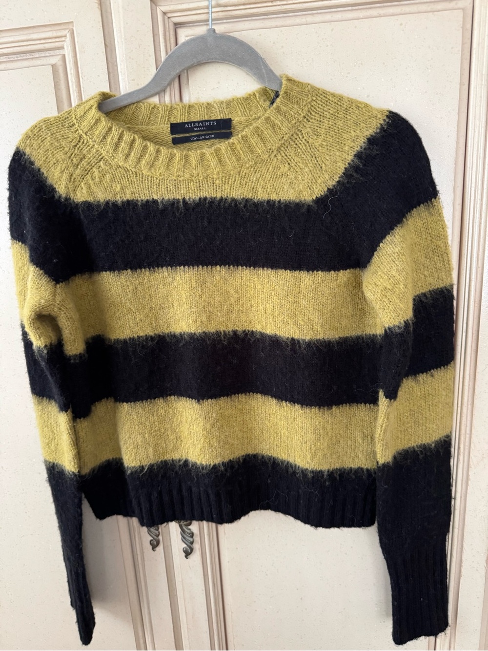 NWOT All Saints Yellow and Black Fuzzy Striped Crewneck Sweater